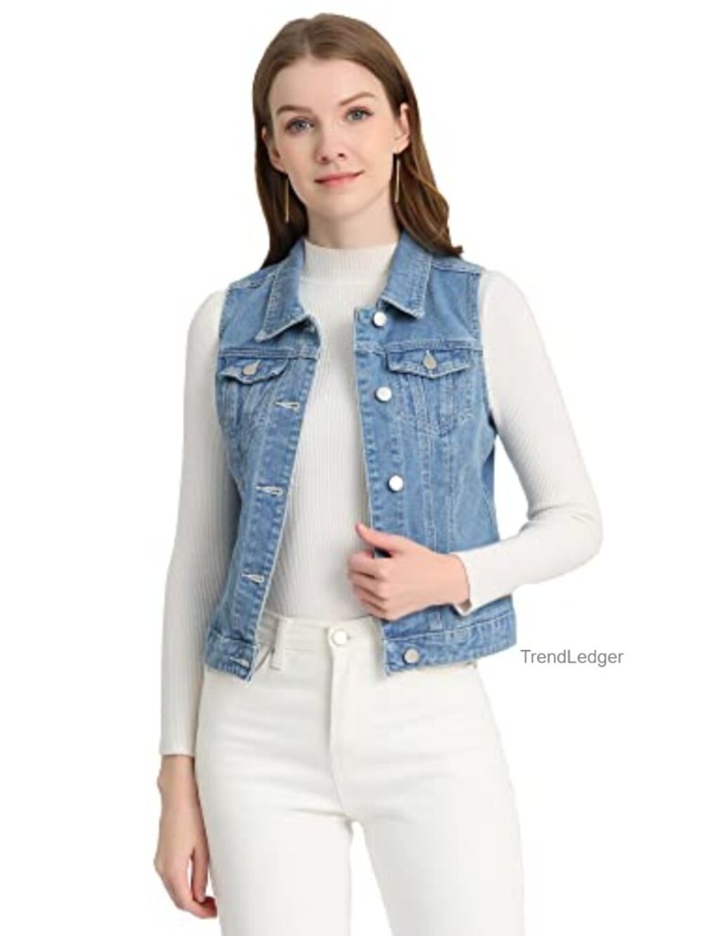 Washed Denim Vest Sleeveless Button Down Jean Jacket Chest Pockets